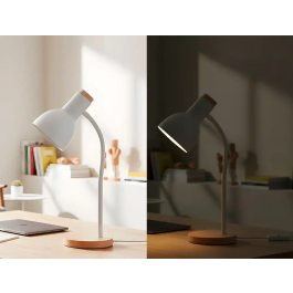 Q-connect Lampara Escritorio Orion Metalica con Detalles Madera Brazo Flexible Color Blanco Oficina 145x330x145 mm