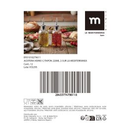 2-Sur La Mediterran Aceitera de Vidrio con Tapón 220 ml, 6.3x6.3x18 cm