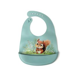 KioKids Babero de Silicona Ajustable para Bebé +6 Meses con Bolsillo Recogemigas, Diseño Ardilla Salvaje Color Salvia