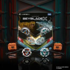 Hasbro HASG1898ES0 Beyblade X Jurassic World T. Rex vs. Mosasaurus - Set 2 Peonzas Takara Tomy y 2 Lanzadores, 8+ Años