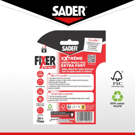Sader - Adhesivo de Doble Cara Extra Fuerte, 2 m x 19 mm, Blanco, Soporta hasta 10 kg, Fijación sin Taladrar para Uso Interior, AAAVH55022