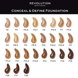 Revolution Make Up #F9 CONCEAL & DEFINE Base de Maquillaje Cobertura Total, Acabado Semi-Mate, Vegana, Sin Aceites, 23ml