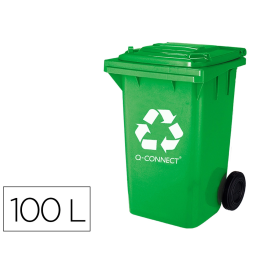 Q-connect Papelera Contenedor Plástico Verde para Envases de Vidrio 100L con Tapa y Ruedas 750x470x370 mm