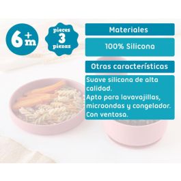 KioKids Set Vajilla 3 Piezas Bebé Silicona Rosa +6 Meses con Ventosa para BLW