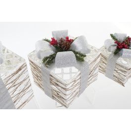 DKD Home Decor Set 3 Regalos Navidad Modernos con LED, Blanco Plateado, de Ratán, Funciona con 3 Pilas AA, 25x28x25 cm