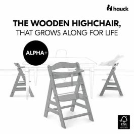 HAUCK Alpha + Silla alta de madera escalable para bebé - Asiento y reposapiés ajustables, arnés 5 puntos, gris
