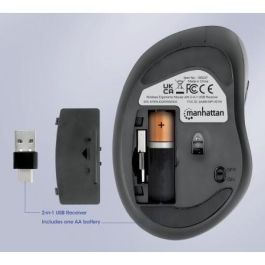 MANHATTAN Ratón Ergonómico Inalámbrico USB-A/C 190237, 6 Botones + Rueda, Óptico 1600 DPI, Negro, Mano Derecha, RF 2.4GHz