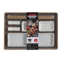 DKD Home Decor Set de Sushi Oriental 7 piezas Gres y Bambú Blanco Natural 7 x 2 x 24 cm Apto Lavavajillas