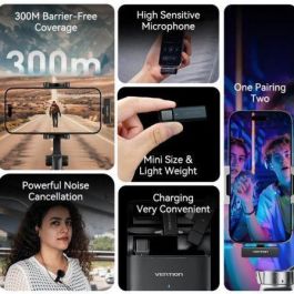 Vention NCAB0 Micrófono Inalámbrico con Clip, USB Tipo-C, Receptor Incluido, Paquete de 2 Unidades, Negro