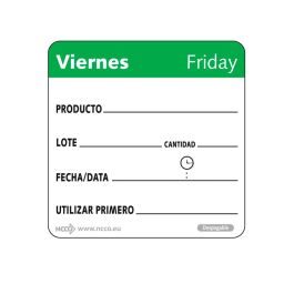 NCCO SRIDU2205 - Rollo de 500 etiquetas - "VIERNES" - 5 x 5 cm - Blanco y verde - Venta 1 unidad. NCCO SRIDU2205 - Rollo de 500 etiquetas - "VIERNES" - 5 x 5 cm - Blanco y verde - Venta 1 unidad. Precio: 18.49999976. SKU: B1BJGMEWME