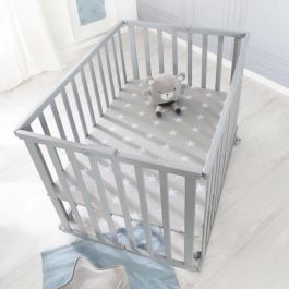 Roba ROB4005317315416 Parque infantil plegable Little Stars 75x100 cm Altura regulable Madera lacada gris topo con estrellas y ruedas freno