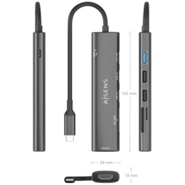 Aisens ASUC-7P027-GR Docking USB Tipo-C 7 en 1 HDMI 4K, Power Delivery 100W, 3xUSB, Lector Tarjetas SD/MicroSD Gris