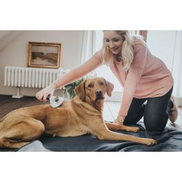 Hunter Cepillo Cardar Autolimpiable para Perros Talla S, Púas Acero Inoxidable. Elimina Pelo Muerto y Subpelo, Mango Ergonómico Marrón.