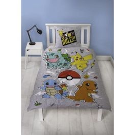 Pokemon AAARQ16152 - Juego de cama reversible Pikachu y Starter Gris - Funda nórdica 140x200cm + Funda almohada 63x63cm