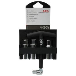 Llave para bujías articulada con doble rótula y manguitos surtidos de 16 mm, 18 mm y 21 mm. Mango en T antideslizante de acero inoxidable.