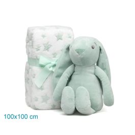 KioKids Conejo De Peluche Verde Con Mantita De Estrellas 25cm, Ideal Recien Nacido