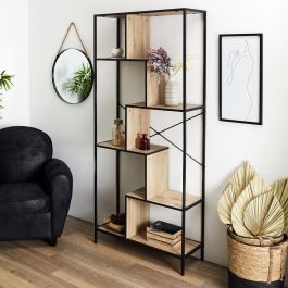 Home Deco Factory Estantería Edison 80x30x180 cm, estructura hierro y madera, negro