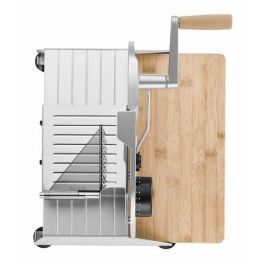 Ritter PIATTO-5 Cortafiambres Manual con Hoja Dentada de 17 cm y Tabla de Bambú FSC, Acabado Plateado Metálico