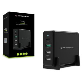Conceptronic OZUL01B Cargador USB-C 65W Carga Rápida PD 3.0 y QC 3.0 para Nintendo Switch, iPad, iPhone, Samsung Galaxy, con Protección - Negro