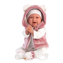 Muñeca recien nacida mimi sonrisas con chaqueta fucsia de pelo y chupete 40 cm cuerpo tela