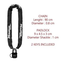 Master Lock Cadena de Seguridad de Acero 90cm x Ø 6mm con Candado 40mm, Funda de Nylon y 2 Llaves - Color Negro