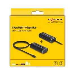 DeLOCK Concentrador USB 4 Puertos USB 3.2 Gen 1 a 10 Gbps con Tipo-C, Cable 60 cm, Interruptor por Puerto, Metal Negro