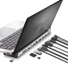 NGS WonderDock 12 Pro Hub USB Tipo-C 12 en 1 con 2xHDMI 4K, VGA, RJ45, 3xUSB 3.0, Lector Tarjetas SD/TF, USB-C PD 100W Gris