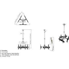 Equip 3TFT Soporte Techo Triple Monitor 32-65"/90kg, 2 Gelenke, Inclinable 0-15°, Aluminio/Acero Negro