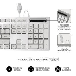 SUBBLIM Teclado Ergonómico con cable USB Plano Silencioso Plateado/Blanco Ergo