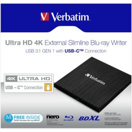Verbatim 43888 Grabadora Blu-ray Externa Slimline USB 3.1 Tipo C, 4K, Color Negro