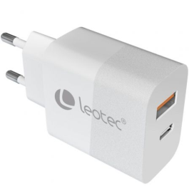 Leotec LECSPH20W2W2 Cargador Pared 20W USB-C PD + USB-A, Carga Rápida, Compacto, Internacional