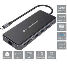CONCEPTRONIC ADAPTADOR USB-C 12IN1 HDMIx2 VGA USB-C DATOS USB-A AUDIO LAN GIGABIT LECTOR DE TARJETAS DONN15G
