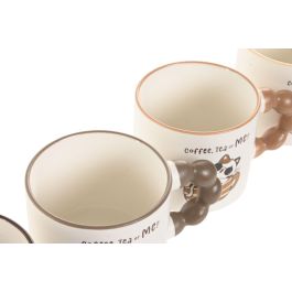 DKD Home Decor Taza Scandi de Porcelana/New Bone 335ml con Gatos Beige Marrón Apta Microondas Lavavajillas (12 Uds)