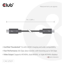 Club 3D CAC-2501 Cable Thunderbolt 5 Certificado 8K 240Hz / 80Gbps / 120Gbps 1m Negro