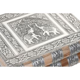 DKD Home Decor Joyero Árabe de Madera y Aluminio Plateado/Marrón con Elefante 19 x 7.5 x 23 cm (2 Unidades)