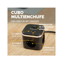 Fellowes Regleta Cubo Multienchufes 3 Tomas Corriente + 2xUSB-C + 1xUSB-A 2m Cable Negro