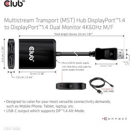 Club3D Multi Stream Transport Hub 1x DisplayPort a 2x DisplayPort 1.4, 4K 3840x2160 Pixeles