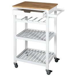 Home Deco Factory Mesa Camarera Con Ruedas Blanca Essentiel - 40x62,5 cm; h.85,5 cm, Cajón, Botellero y Dos Baldas