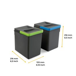 Emuca Kit de contenedores de reciclaje para cajón de cocina Recycle altura 216mm, 2x6litros, Plástico gris antracita