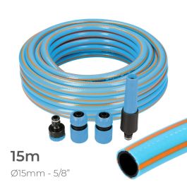 Edm Kit manguera de jardin pro 15 m (5/8" 15 mm) PVC 3 capas anti-UV anti-algas flexible con accesorios azul/naranja Precio: 23.59000028. SKU: S7920093