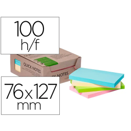 Q-connect Bloc de notas adhesivas 76x127 mm, 100 hojas, 100% papel reciclado, colores pasteles, caja de cartón