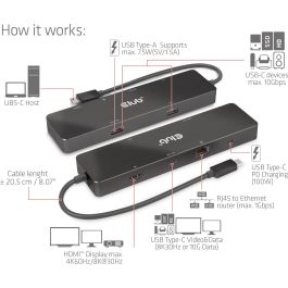 Club3D USB-C 6in1-HUB >HDMI/2xUSB-C/2xUSB/LAN 8K30Hz PD100W Hub USB-C portátil con HDMI 4K60Hz, 2xUSB 3.2, 2xUSB-C y Ethernet Gigabit, carga PD 100W