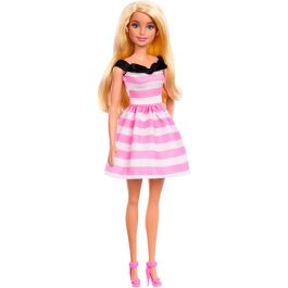 Barbie Muñeca 65 Aniversario Hth66 Mattel Vestido Rayas Rosas Blancas Lazo Negro Pendientes Perlas Tacones Precio: 14.49999991. SKU: B1EMM47VDP