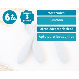 KioKids Lovely Friends Set de 3 Cubiertos de Silicona para Bebé Azul (+6 Meses) - Cuchara, Pre-cuchara, Pre-tenedor para Alimentación y Dentición