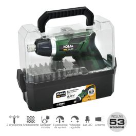 Koma Tools 3v-ar53 Atornillador a Batería Reversible 3.6V Litio-Ion 1300 mAh, 53 Accesorios, Mango Doble Posición, Par 3 Nm, Luz LED