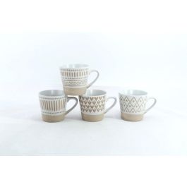 DKD Home Decor Tazas de Café Boho de Gres Beige Blanco 180ml Set de 4, Apto Microondas y Lavavajillas