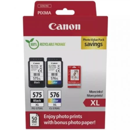 Canon Multipack Cartuchos Tinta PG-575XL y CL-576XL con Papel Fotográfico GP-501 Satinado 10x15 cm, Alto Rendimiento, 400 páginas Negro y 300 Color Precio: 62.89999991. SKU: B1AFHKLT6L