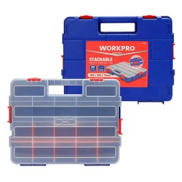 Workpro Organizador Apilable con Tapa, 18 Divisiones, PP Transparente, 382x300x68mm, Azul y Rojo