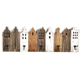 DKD Home Decor Perchero de Pared Estilo Atlántico en Marrón y Blanco, Fabricado en Paulownia y Metal, con Diseño de Casas - 91 cm de Ancho