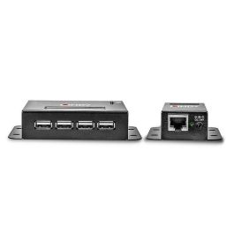 Lindy Extensor USB 2.0 de 4 Puertos, hasta 50m por Cable Cat.6/5e, con Alimentación por Cable (PoC) y Carcasa Metálica Industrial
